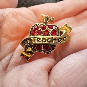 Teacher Brooch – Vintage Avon Red Rhinestone Apple Pin Gold Tone